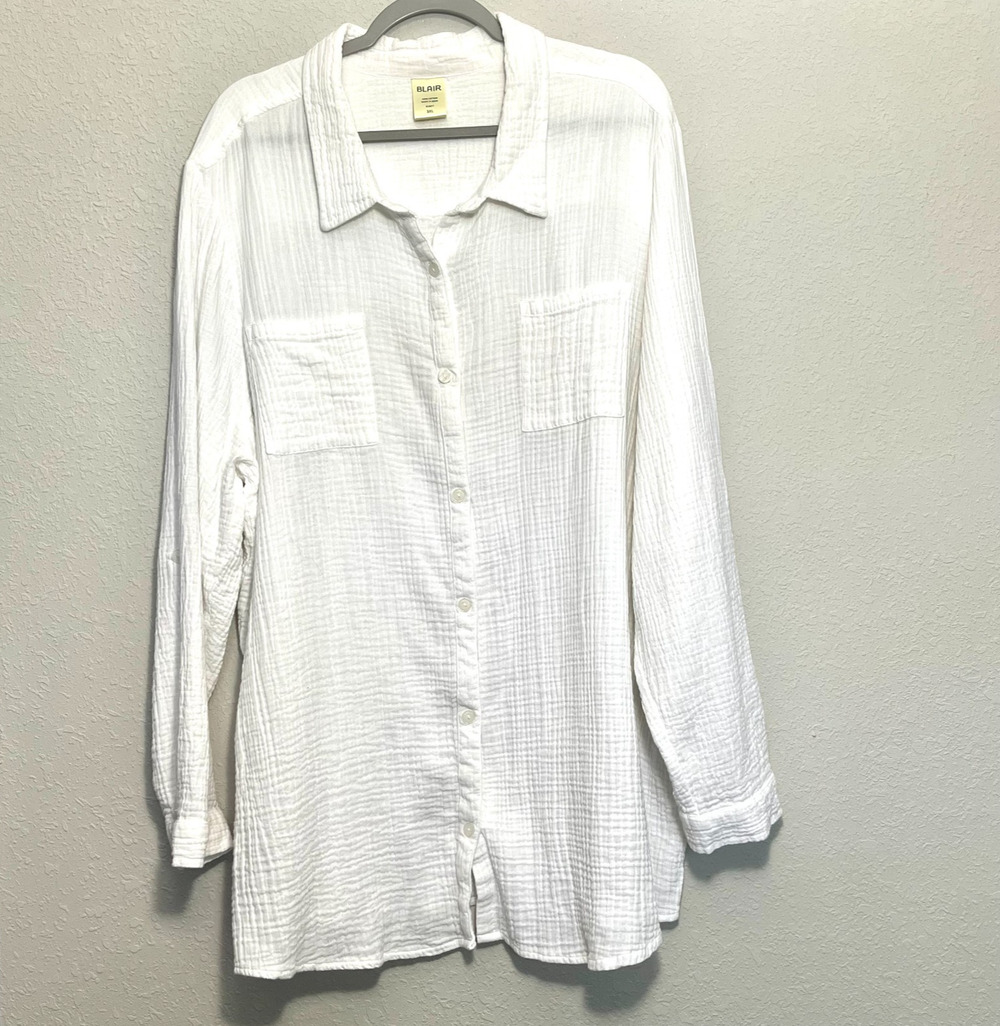 Blair White Cotton Gauze Button Down Tunic Long Sleeve Women 3XL Relaxed Coastal